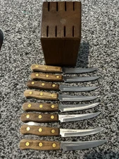 VTG Old Homestead Stainless Japan Lifetime Cutlery 8 Steak Knives Wood Block Set