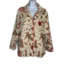 Nick & Nora Flannel Sock Monkey Pajama Top Womens XXL Plus Size Soft Sewing