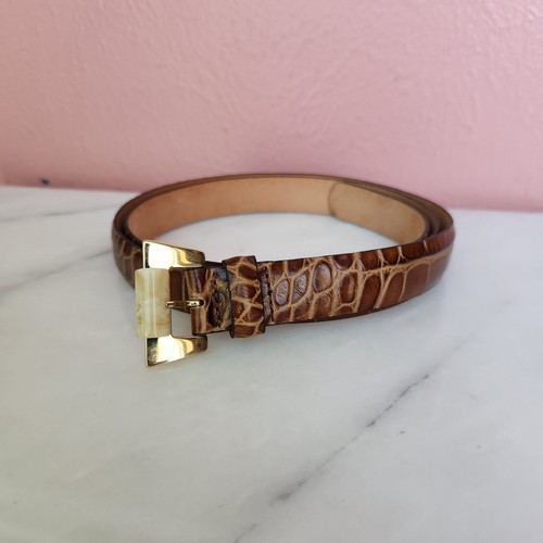 Uterque Brown Croc Embossed Leather Belt Size 85 (Fits 34) Made in Spain Gold