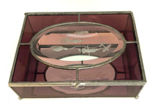 VTG Clear Pink/Plum Stained Glass Trinket Box Etched Flower Top Mirror