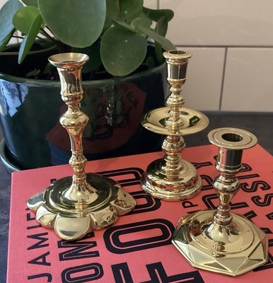 Vintage Baldwin Messing poliert drei Kerzenständer Reproduktion Mini klein