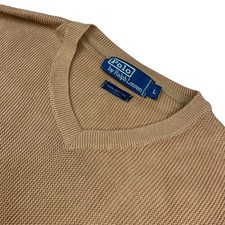 VTG Polo Ralph Lauren Men's 100 Cotton Knit V-Neck Pullover Sweater Tan   Large