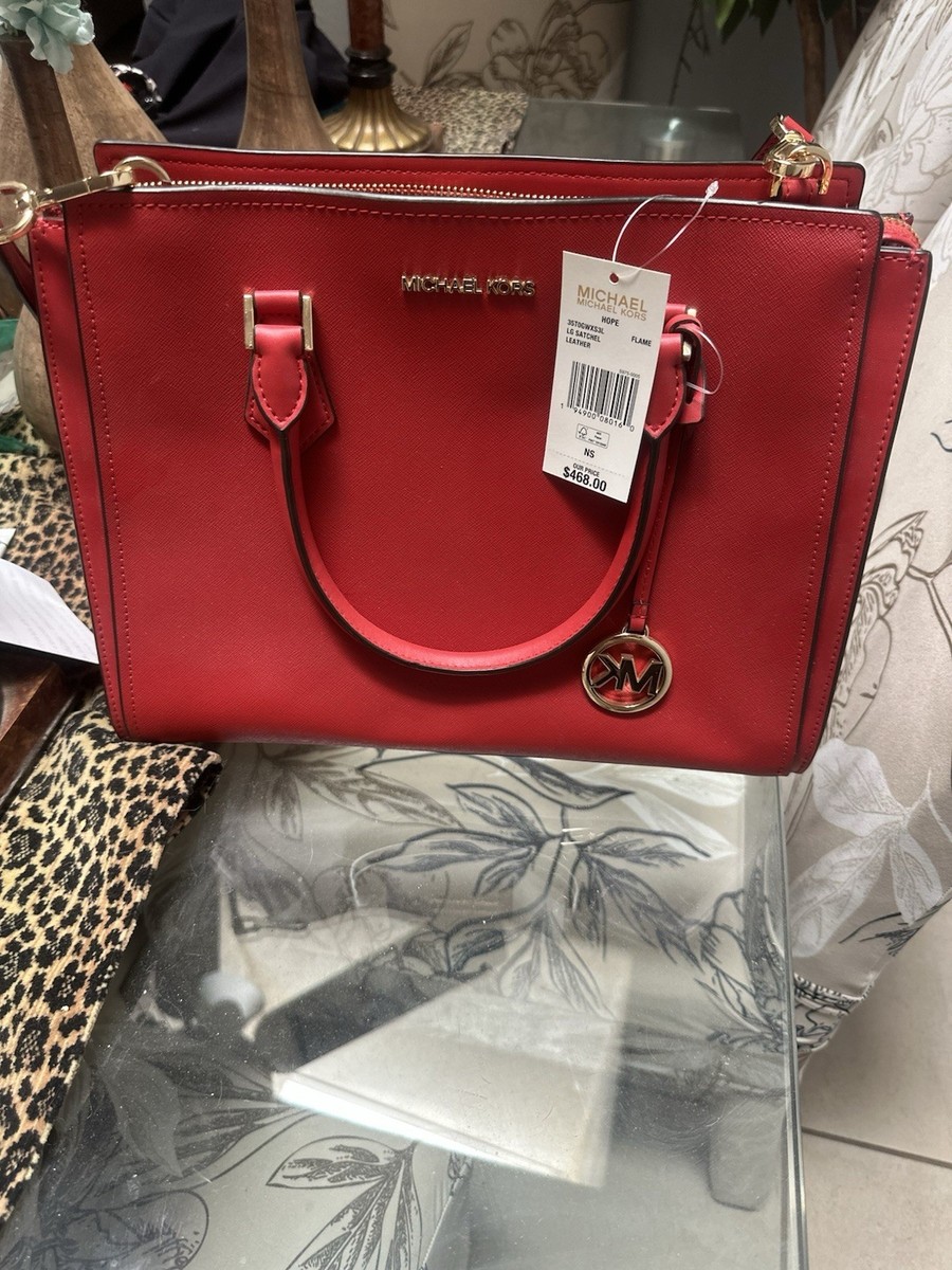 Michael Kors Red Satchel Bag Gold Hardware Logo Charm Women's