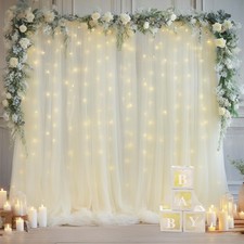 10x10 Ft Cream White Tulle Backdrop Curtain With Lights Sheer Photo