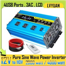 2000W 4000W Pure Sine Wave Power Inverter 12V to 110V 3AC 4USB Converter Camping