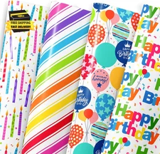 Birthday Wrapping Paper Sheet - 12 Sheets Folded Flat Gift Wrap with “Happy Birt
