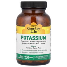 Country Life Potassium 99 mg 250 Tablets Gluten-Free, GMP Quality Assured,