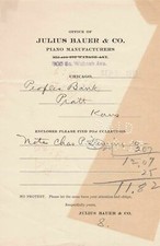 U.S. JULIUS BAUER & Co. Piano Manufacturers Chicago 1913 Paid Invoice Ref 43273