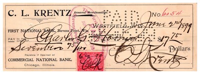 1899 Signed CL Krentz General Merchandise Westfield Wis Rev Stamp Bank Check