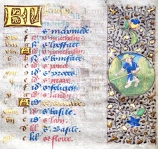 c. 1470 MEDIEVAL ILLUMINATED MANUSCRIPT HOURS LEAF- JUNE CALENDAR, 2 MINIATURES