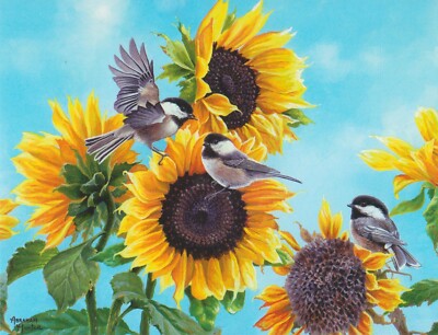 Artist: Abraham Hunter Sunflower And Birds Blank Note Greeting Card