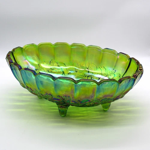 Vintage Indiana Iridescent Carnival Glass Green Grape Fruit Footed Bowl 12"