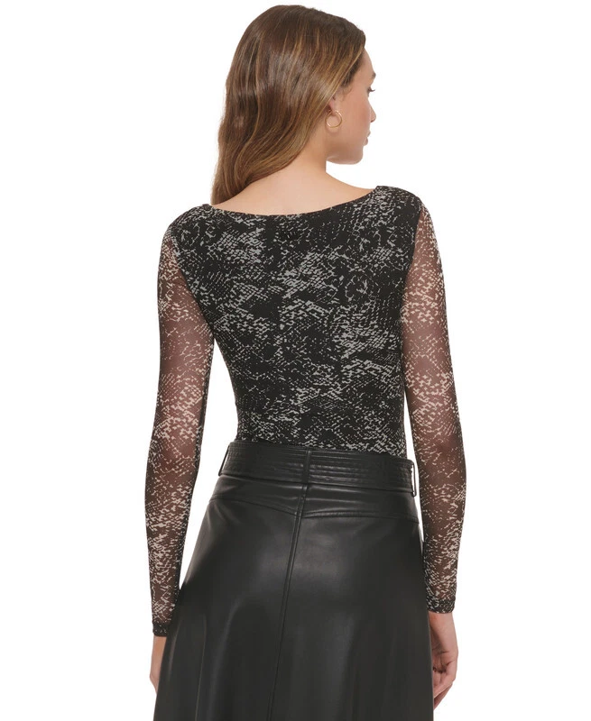 DKNY Women's Scoop-Neck Printed Mesh Long-Sleeve Bodysuit - Image 3 of 4