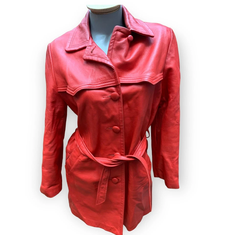 Мод женщин 60-х 70-х кожи ржавчины оранжевый куртка широкий лацкан Funky подпоясанный траншея M - Изображение 4 из 4