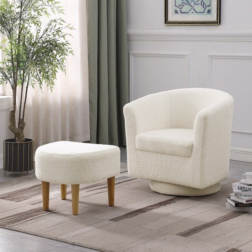 Modern Swivel Accent Chair w/ Ottoman Upholstered Club Tub Barrel Armchair Sofa - Picture 3 of 12
