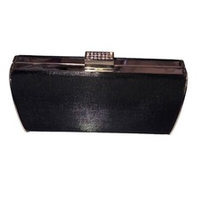 Black Satin Clutch Handbag Silver Chain Sparkle Clam Shell Evening Formal Prom
