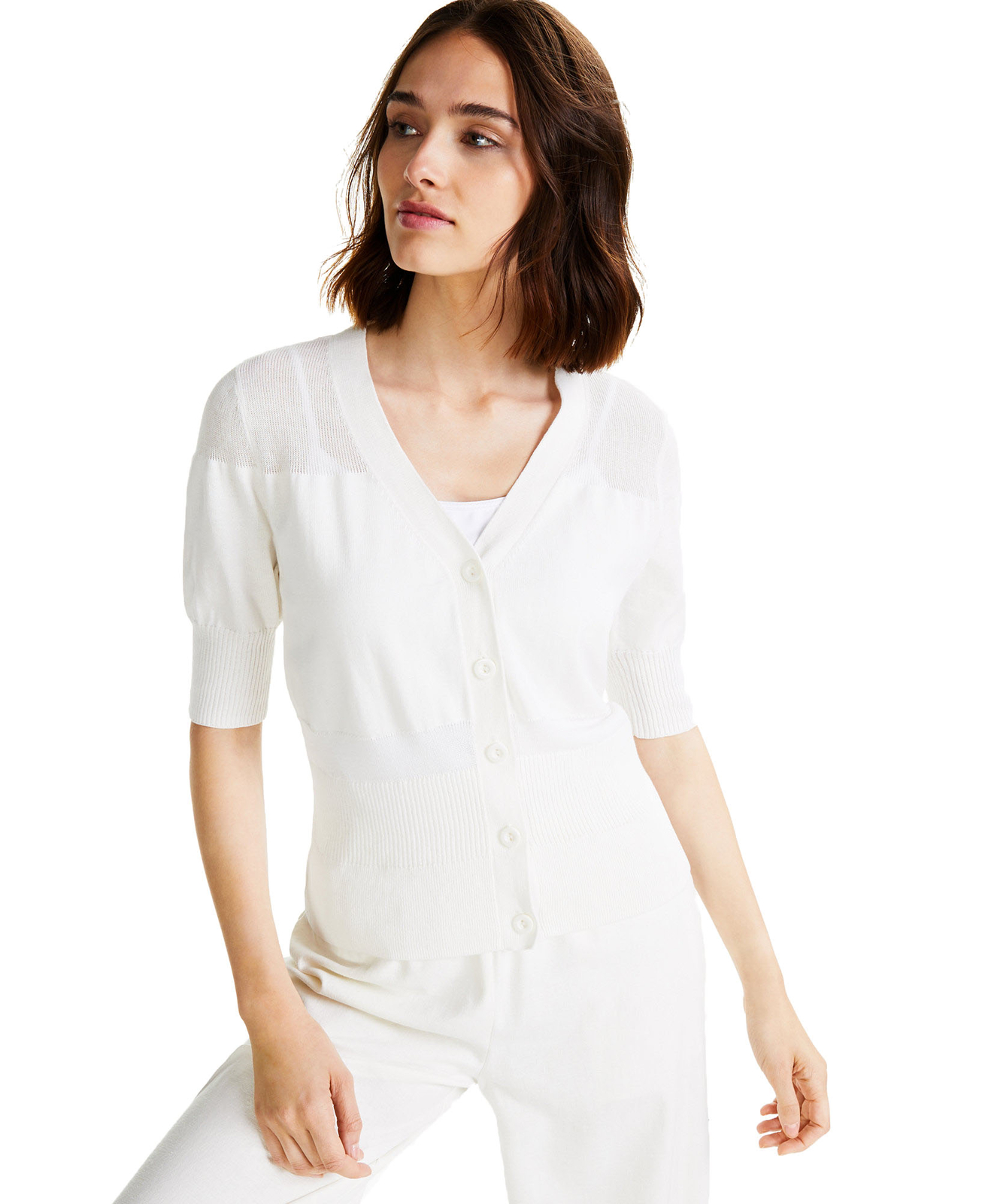 Alfani Women's Mixed-Stitch Button-Down V-Neck Sweater (Large, Shiitake)