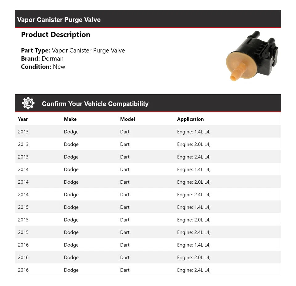 适用于 2013 - 2016 道奇 Dart Dorman 蒸汽罐清洗阀 2014 2015 — 第 2/4 张图片