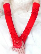 Women Long Wedding Lace Satin Red Bride Gloves Fingerless Party Bridal Dress US