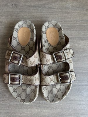 Gucci GG Supreme Canvas Double Buckle Slide Sandals Mens Size 9 Beige