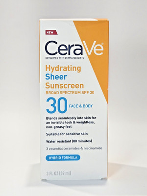 CeraVe Hydrating Sheer Sunscreen  Broad Spectrum SPF 30 for Face and Body