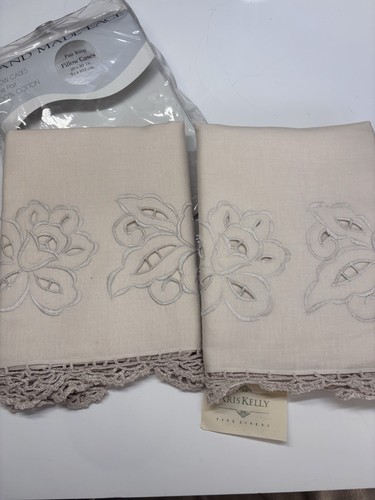 A PAIR OF BEIGE COTTON SALZBURG HAND MADE LACE PILLOWCASES KING SIZE. NEW - Picture 5 of 7