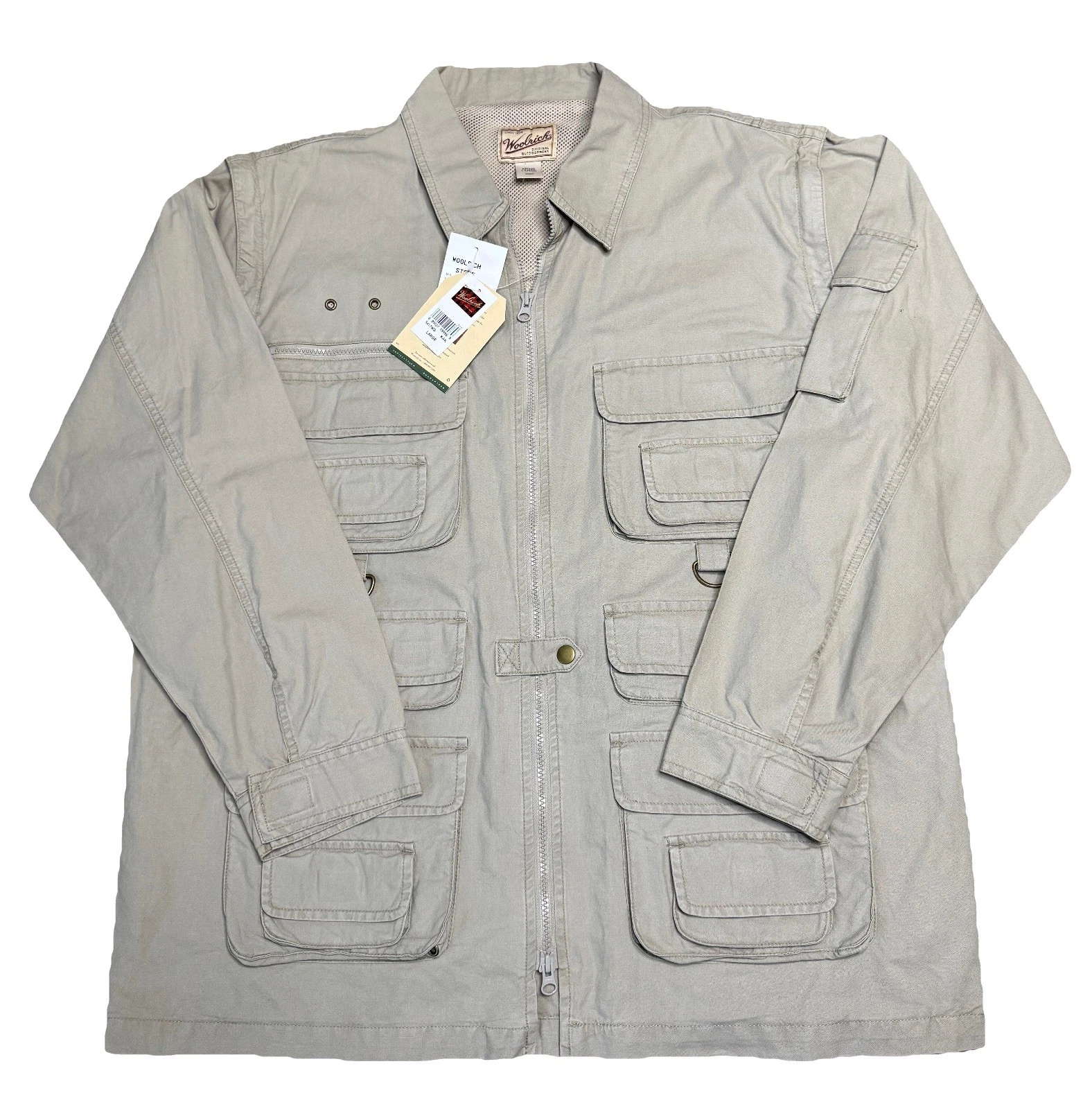 Woolrich Jacket Mens Khaki Fishing Chore Mesh Lined Removable Sleeves Size Large