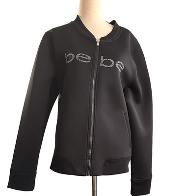 Bebe Sports Rhinestone Y2K Zip Up Black Bomber Jacket size L Long Sleeve 2000's