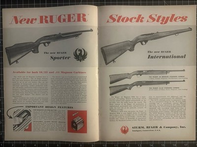 1960s Vintage Ruger Carbine Print Ad 2 Page - .44 Magnum 10/22 Rifles Guns