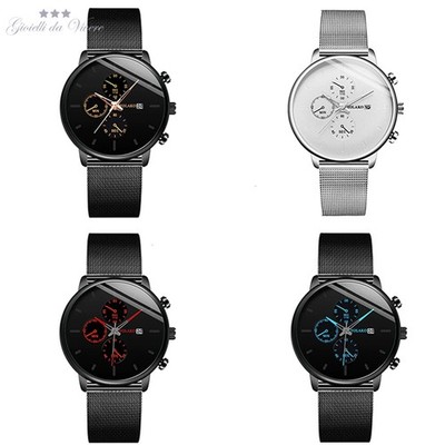 WEISS STAHL UHR BAND TAGESANZEIGE SCHWARZES BAND KNÖPFE HANDGELENK pf
