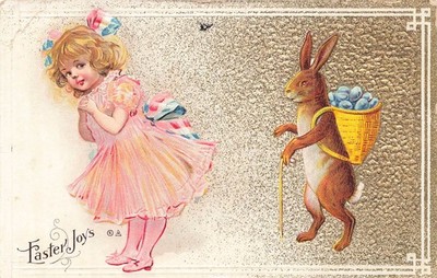 Vintage 1910 Easter Joy's Girl & Bunny Glitter Embossed Postcard Nash