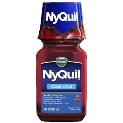 1x Vicks NyQuil Cold & Flu Cherry Liquid Nighttime Relief Cough Fever Pain 4oz