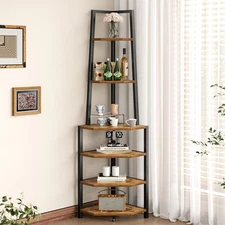 6 Tier Corner Shelf 69 Inch Industrial Bookshelf with Metal Frame, Multipurpose 