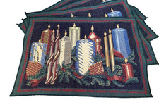 Set of 4 Vtg. Christmas/Holiday Candle Blue/Green/Red/Gold Tapestry Placemats