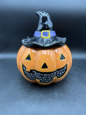 Cheryl s Cookies Halloween Pumpkin Jack o lantern Witch Hat Ceramic Cookie Jar