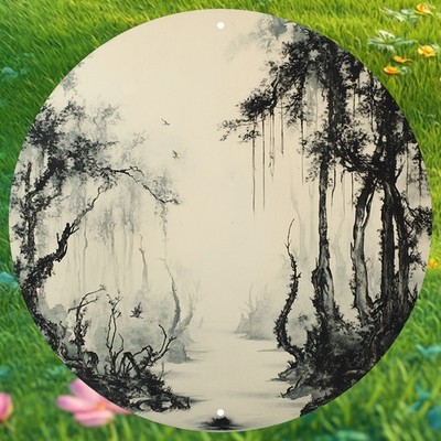 Vintage Shan Hai Jing Mythical Creatures Round Aluminum Ink Painting