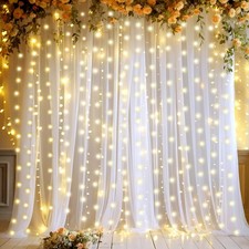 White Sheer Tulle Backdrop Curtains with Lights String for Party Wedding Wrin...