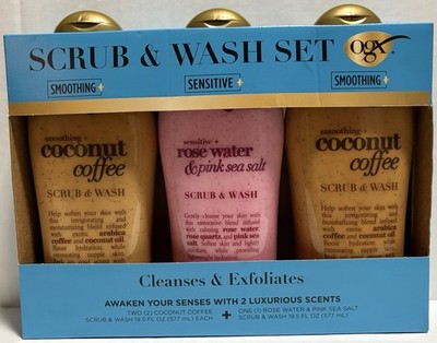 OGX Scrub & Wash Set Coconut Coffee Rose Water Exfoliating Cleanser