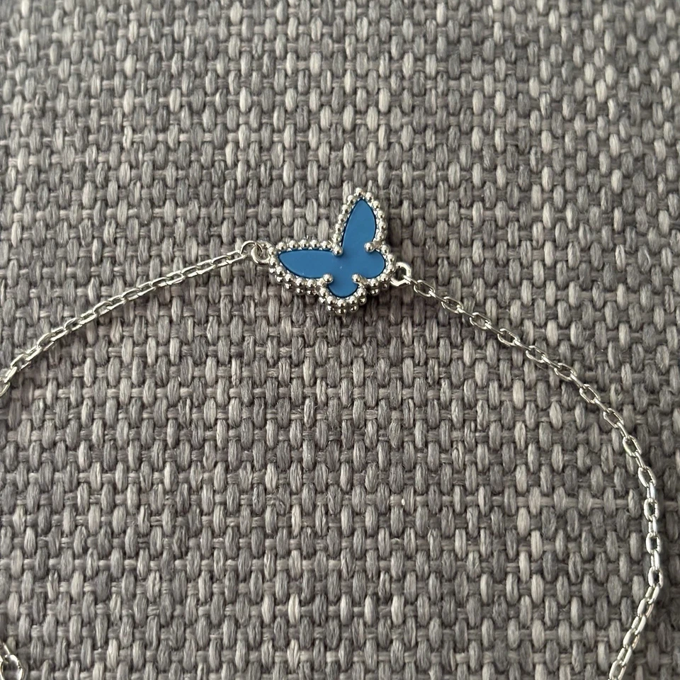 Delicada Pulsera Mariposa, Ágata Azul, Cadena Plata, Asimétrica, Nueva, 6.5" 7.5" Foto 2 de 2
