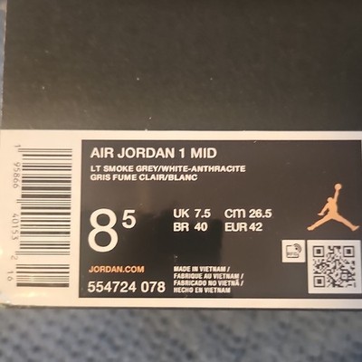 Jordan Air Jordan 1 Mid Light Smoke Grey Anthracite 554724-078 Men's Sneaker