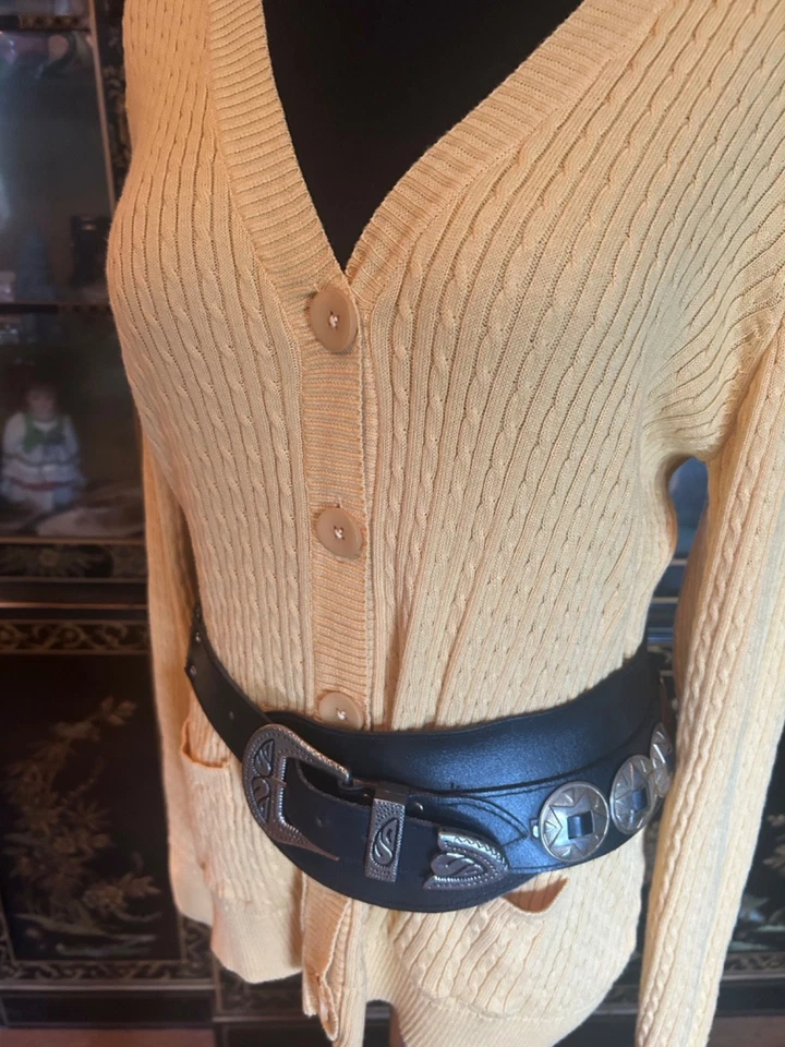 Vintage Concho Black Leather Wide Double Belt W Star Medallions Western Boho - Image 3 of 4