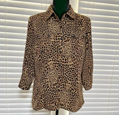Notations Leopard Print Blouse S ¾ Sleeves Roll Tab Effortlessly Stylish Bold