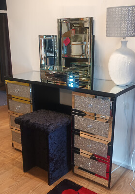 glitter dressing table Boahaus Serena Modern Makeup Vanity with Hollywood Light Bulbs Add-On,
