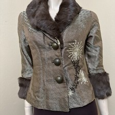 Women’s Beige Brown Polyester Natural Fur Lined Collared Buttons Size Ps Jacket