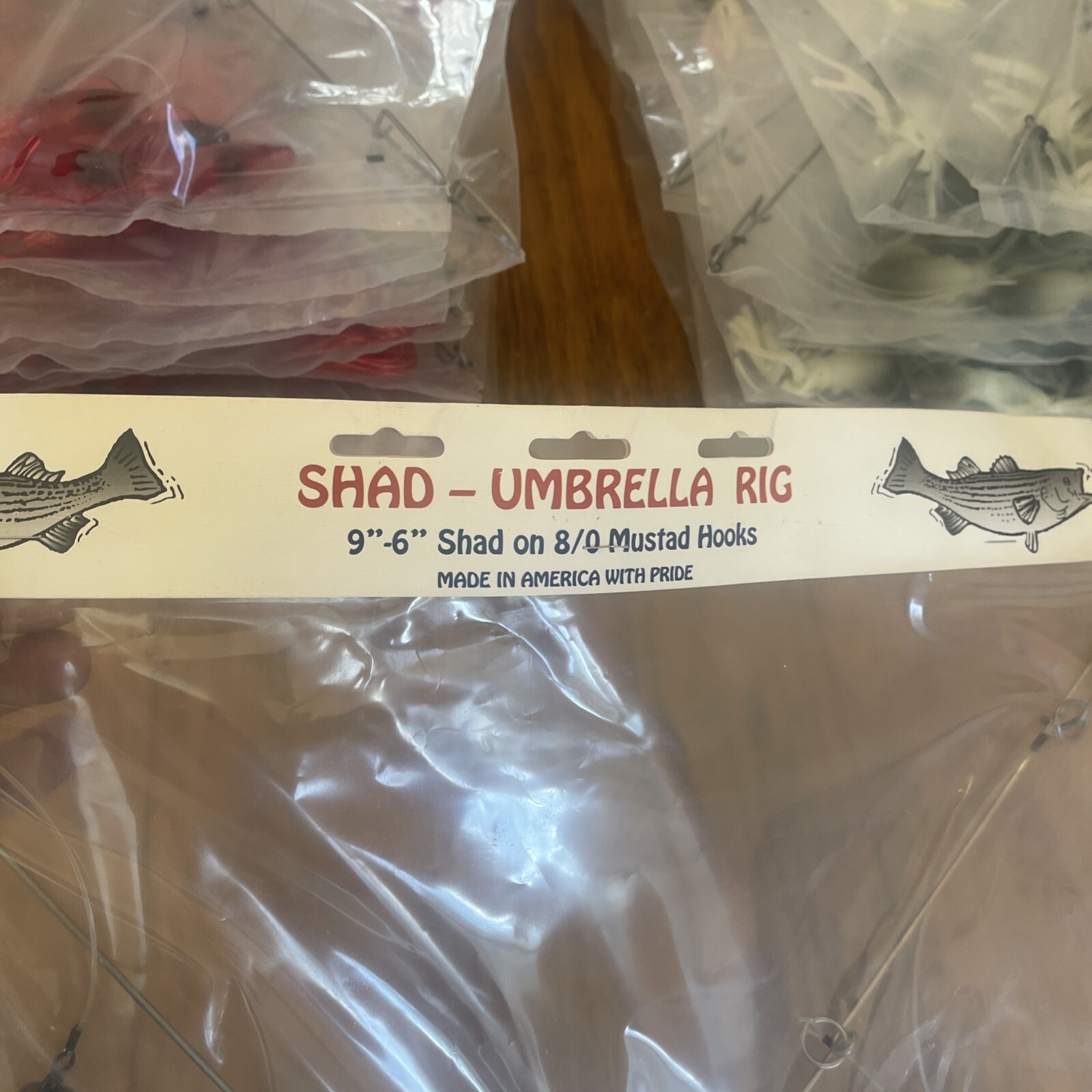 9” Umbrella Rig 4 Arm 11” With 6” Shad (9) Pearl Black 8/0 Hook Mustad New Pkg - Image 2