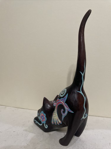 Hand Carved Folk Art Wood Long Tail CAT Brown  Hand Painted Figurine - Picture 11 of 12