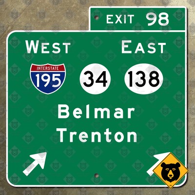 New Jersey parkway exit 98 Belmar Trenton interstate 195 road sign Garden 12x12