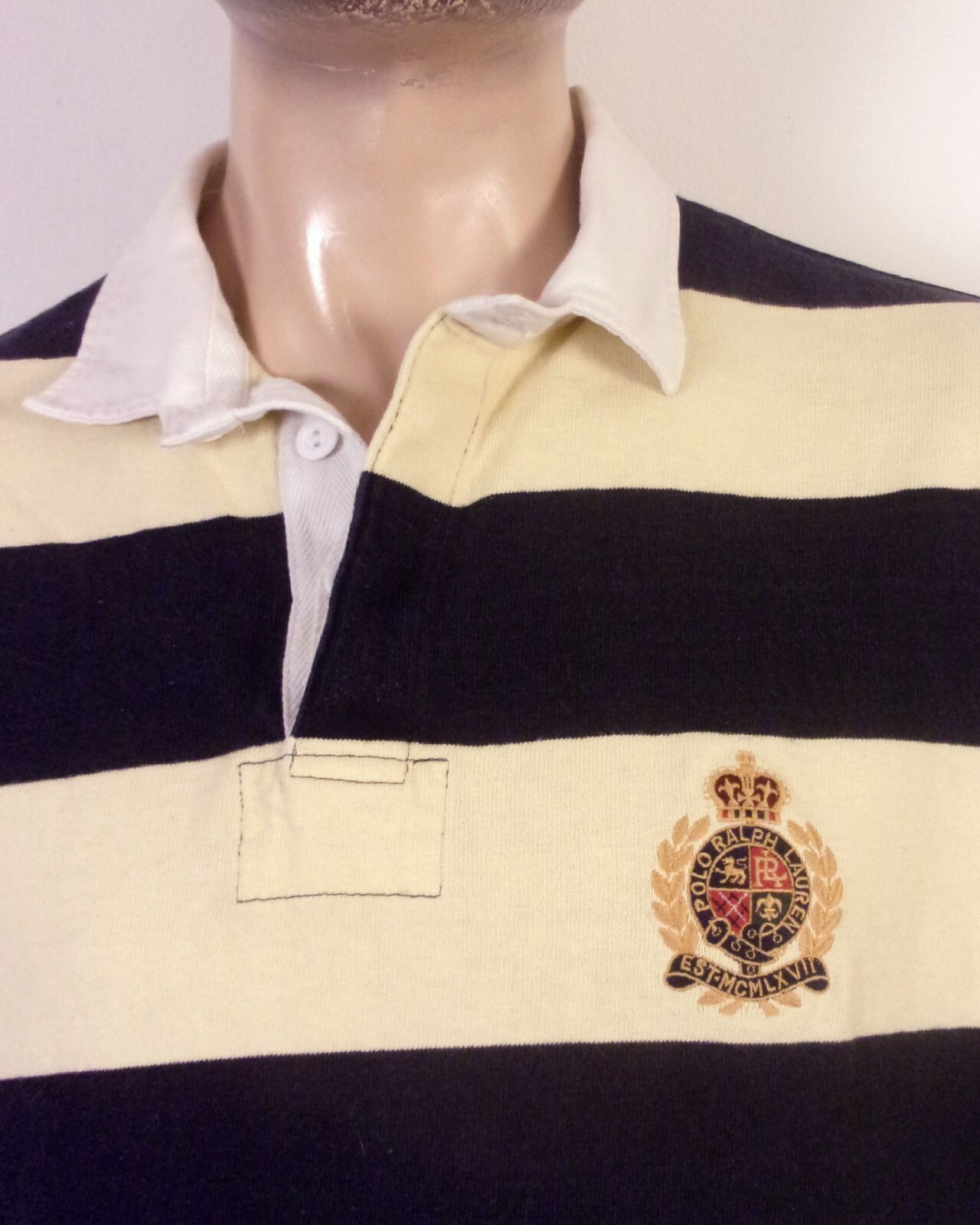 vintage 90s EUC Polo Ralph Lauren Navy Loud Yellow Striped Rugby Shirt