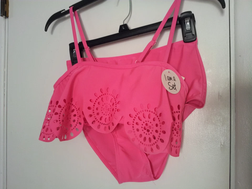 Bobbie Brooks Rosa Bikini Traje de Baño Bandeau Top Cintura Alta Parte Inferior Recortes S-M Foto 3 de 4