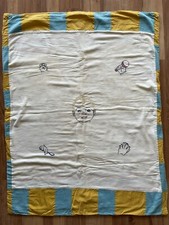 Vtg Yellow  Blue Hand Embroidered Baby Quilt Blanket w/ Baby Face  Hands